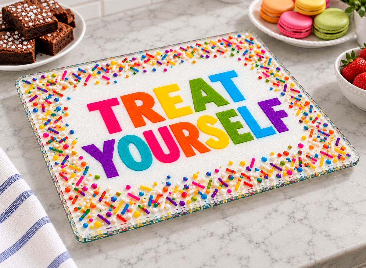Treat Yourself Glass Cutting Board & Dessert Platter – Rainbow Sprinkle Serving Board, Cookie Platter, Hostess & Baker Gift