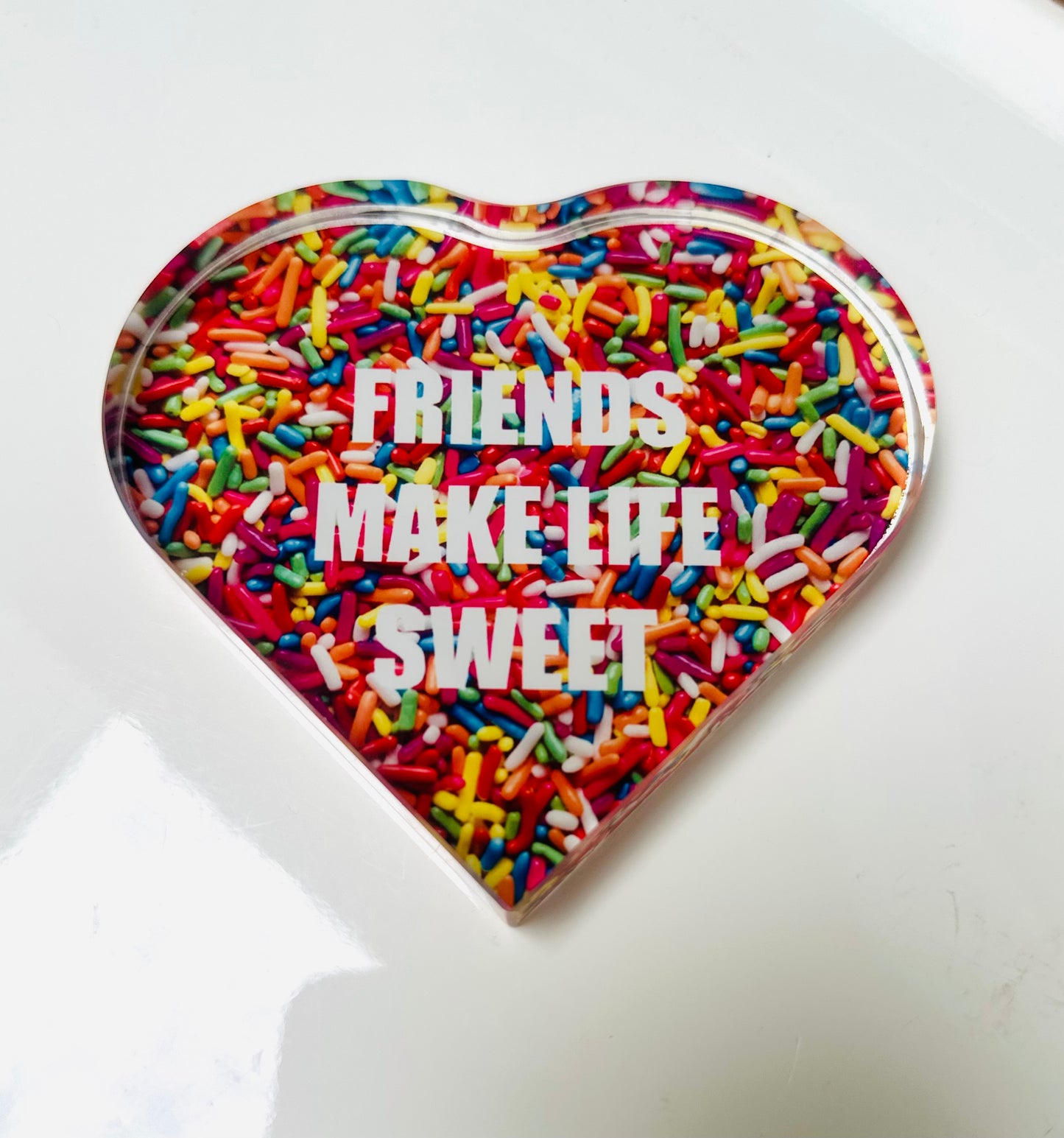 Friends Make Life Sweet Sprinkle Crystal Heart Paperweight Table Decor