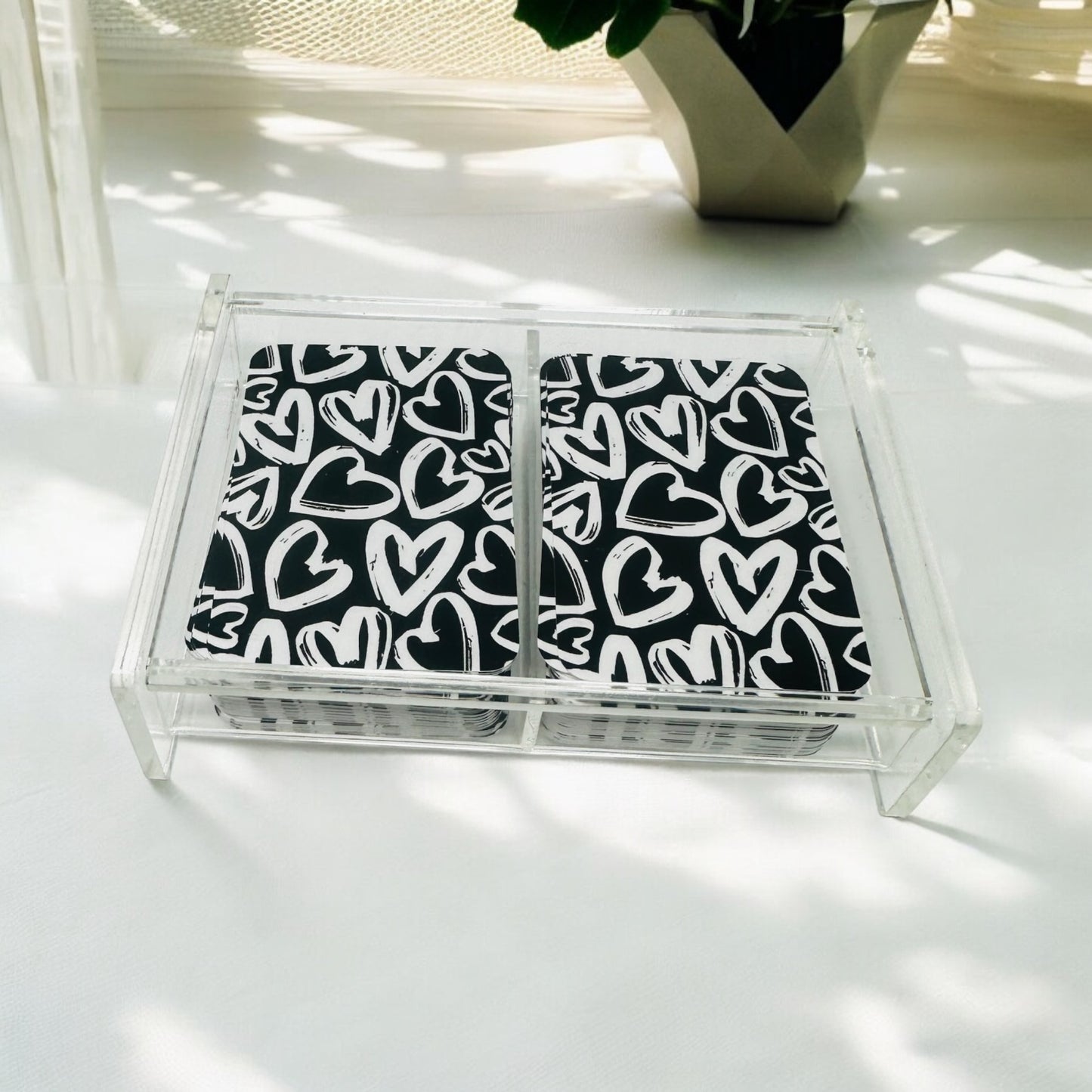 Canasta Lover Black And White Hearts Double Deck Of Playing Cards Acrylic Holder
