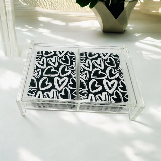 Canasta Lover Black And White Hearts Double Deck Of Playing Cards Acrylic Holder