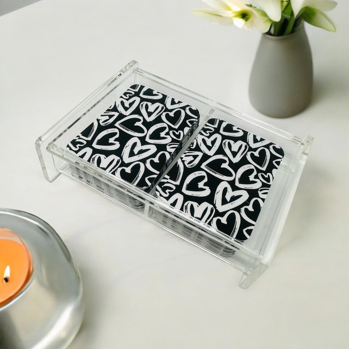 Canasta Lover Black And White Hearts Double Deck Of Playing Cards Acrylic Holder
