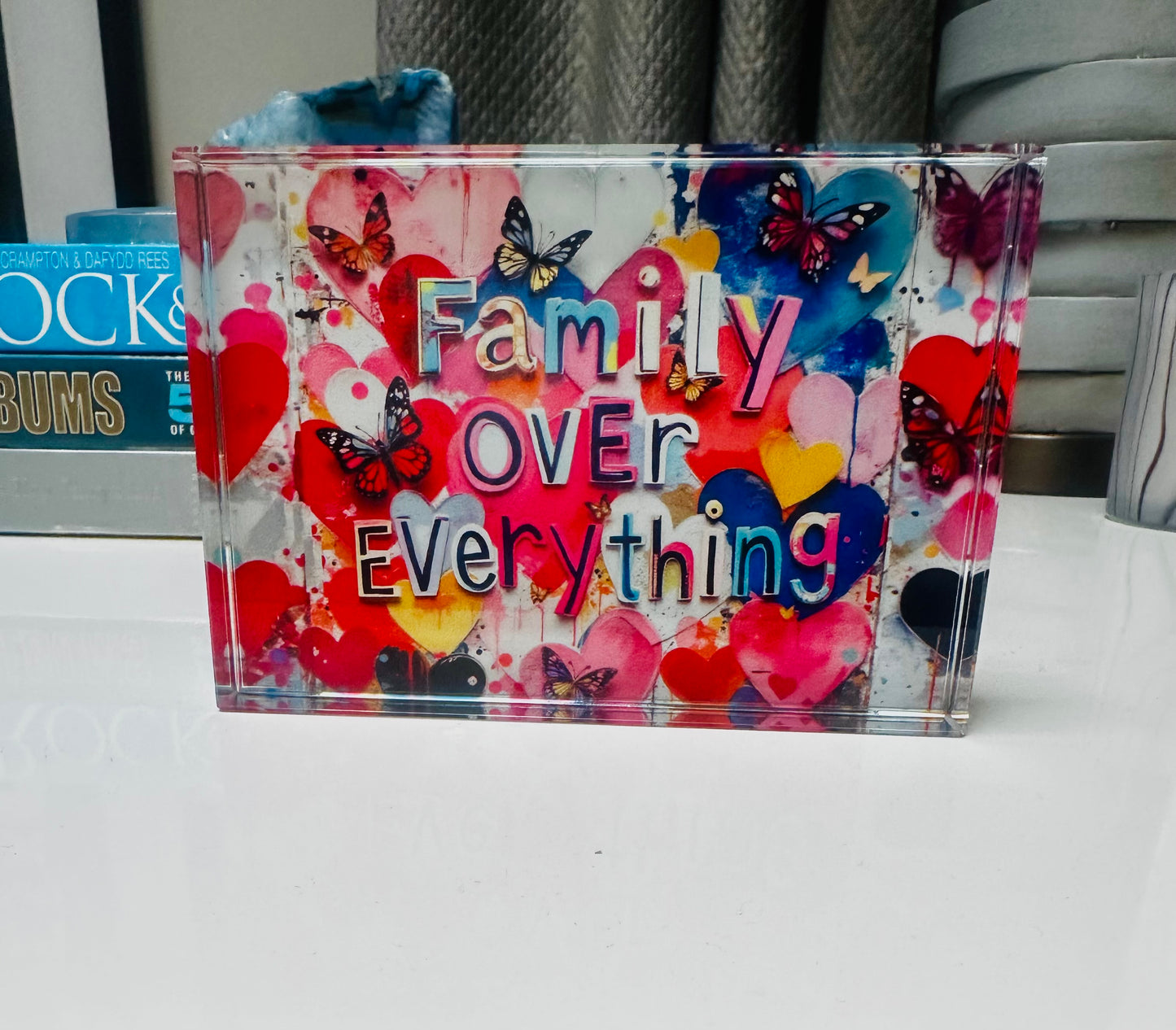 Family Over Everything Crystal Block Table Decor
