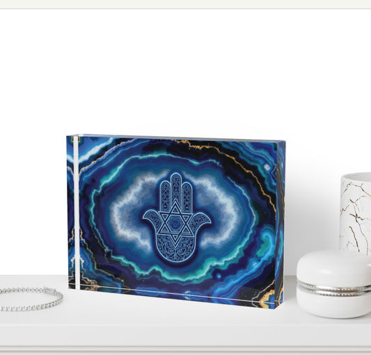 Hamsa Jewish Star Crystal Block Plaque