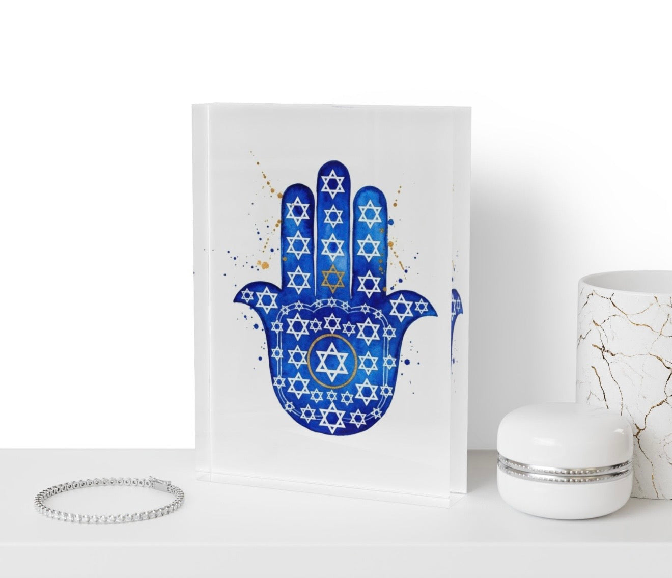 Hamsa Star Of David Judaica Crystal Block Table Decor