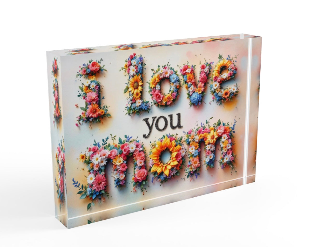 I Love You Mom Flowers Crystal Block Table Decor