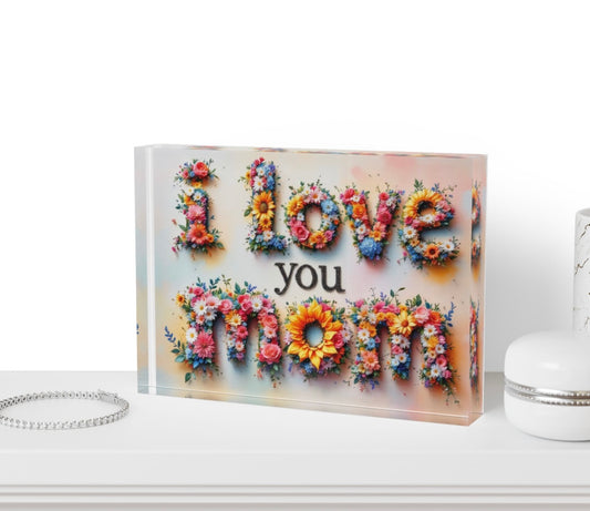 I Love You Mom Flowers Crystal Block Table Decor