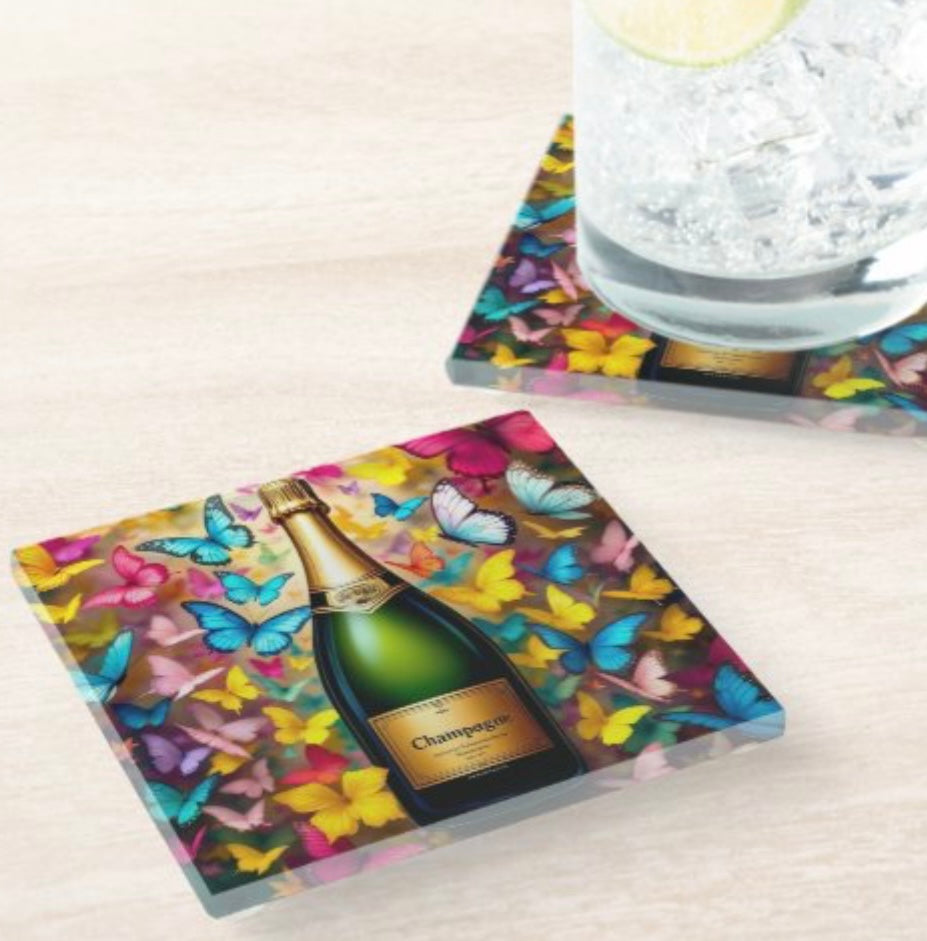 Champagne and Butterflies Coaster Set