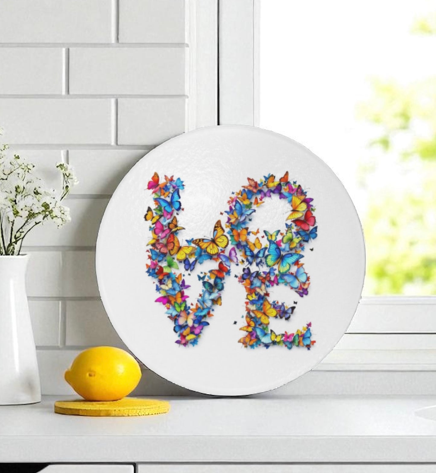 Love Butterfly Glass Cutting Board Serving Platter