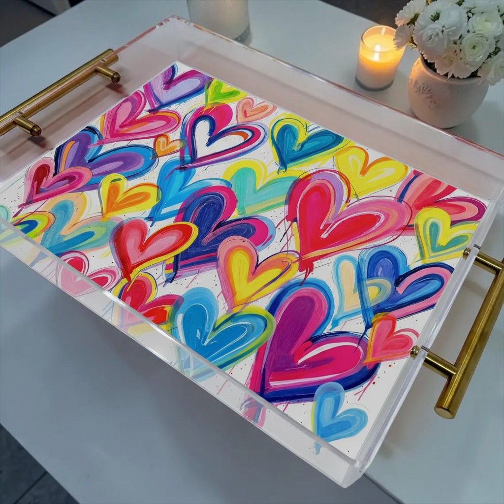 Abstract Colorful Hearts Art Acrylic Tray