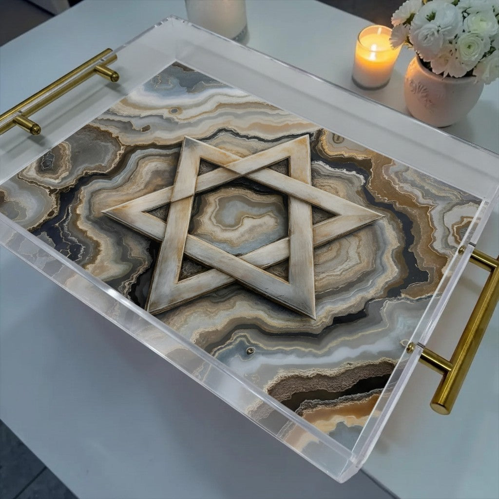 Star Of David Agate Neutrals Judaica Art Acrylic Tray