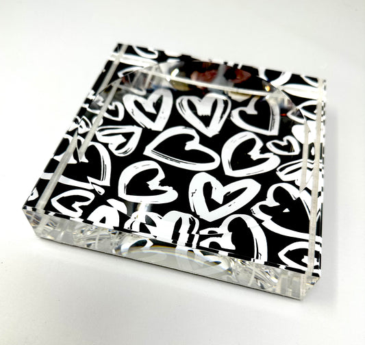Black And White Love  Hearts Candy Acrylic Block  Candy Dish
