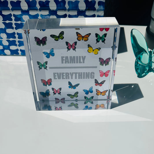 Family Over Everything Butterfly Paperweight Table Art Acrylic Block
