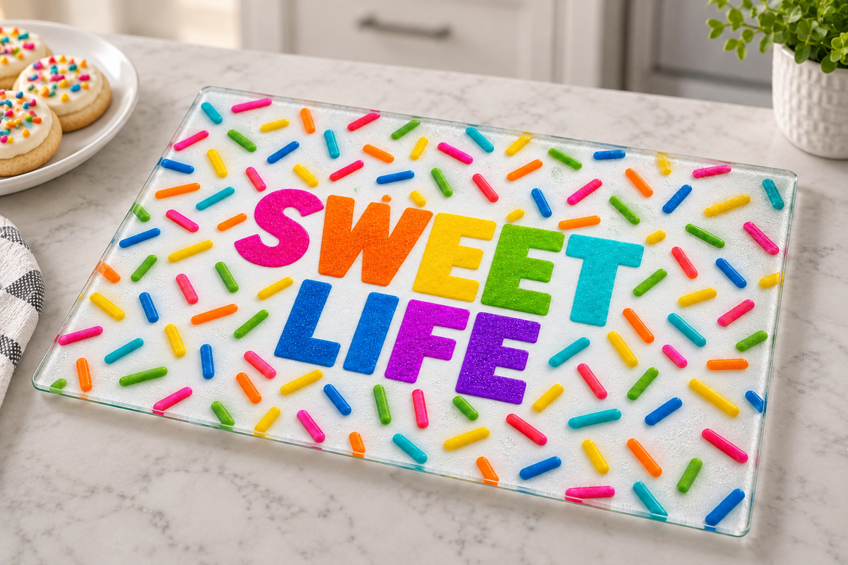 Sweet Life Glass Dessert Platter – Rainbow Sprinkle Serving Board for Cookies & Treats, Hostess & Birthday Gift