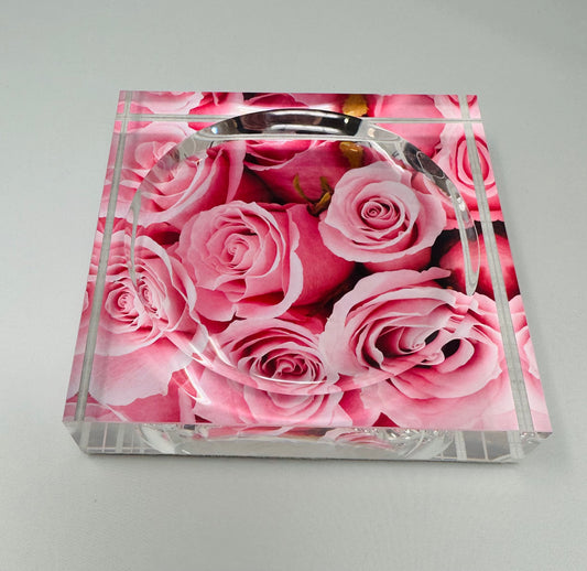 Pink Roses Catchall Acrylic Block Candy Dish