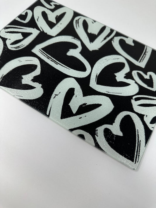 Black and White Hearts Glass Cutting Charcuterie Board