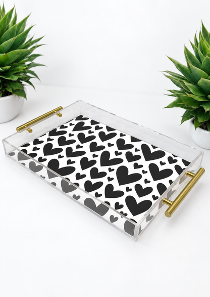 Black And White Abstract Hearts Acrylic Tray