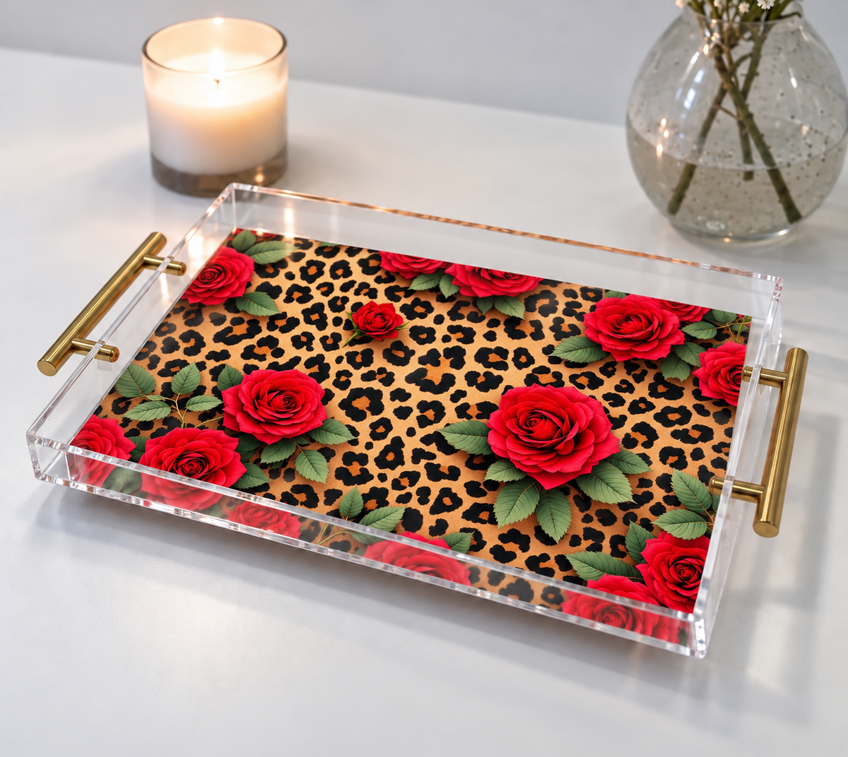Leopard And Roses Acrylic Tray