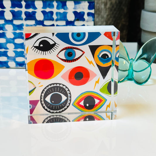 Evil Eye Paperweight Table Art Acrylic Block