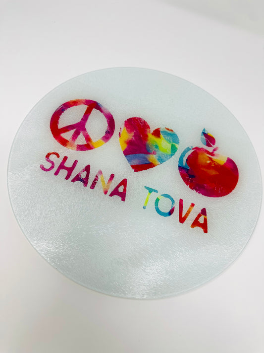 Peace Love Shana Tova Glass Cutting Board Challah Board