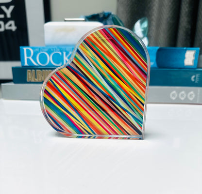 Abstract Colorful Lines Crystal Heart Paperweight Table Decor