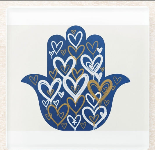 Hamsa Heart Art Glass Coaster Set