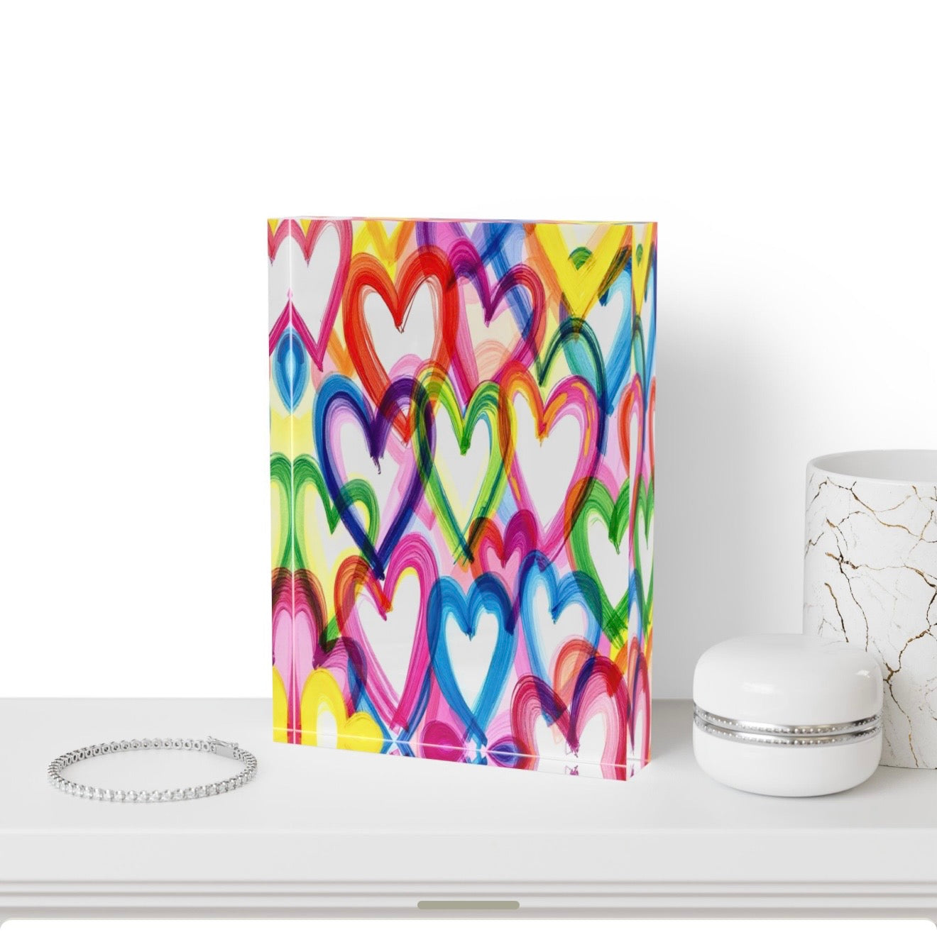 Colorful Graffiti Hearts Crystal Block Table Decor