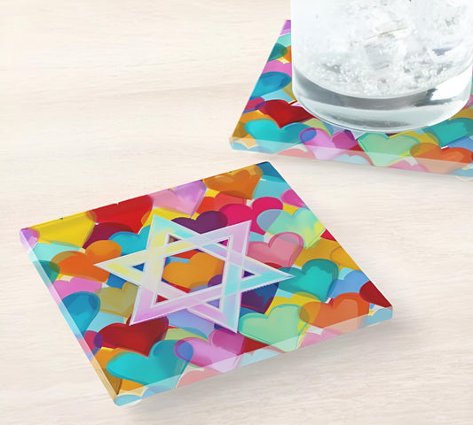 Star Of David Hearts Glass Coaster Set