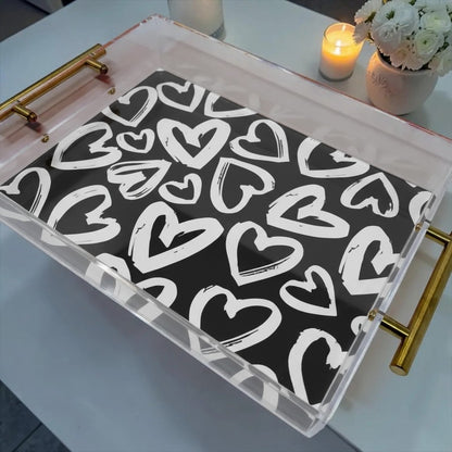 Black And White Abstract Hearts Graffiti Art Acrylic Tray