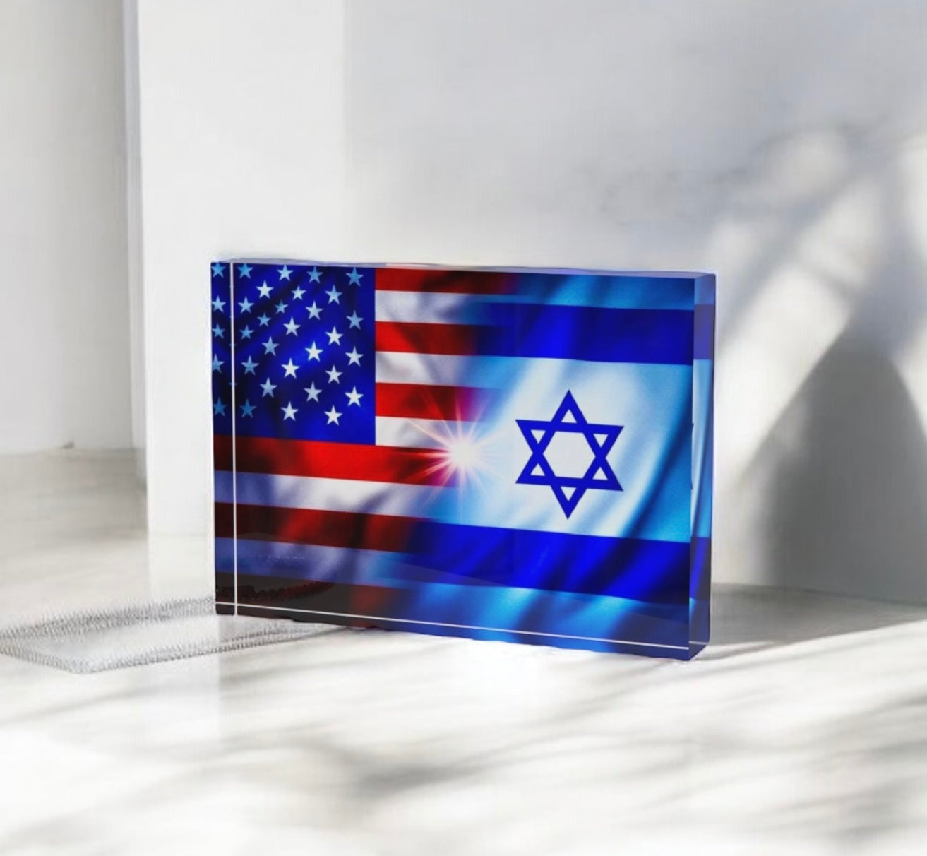 American Flag Israeli Flag Crystal Block Table Decor
