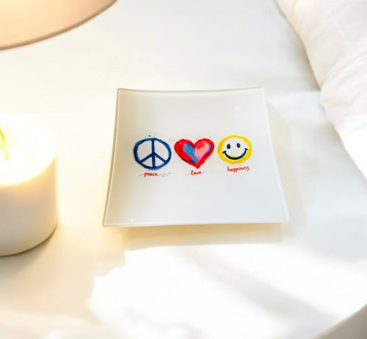 Peace Love Happiness Glass Trinket Tray Catchall