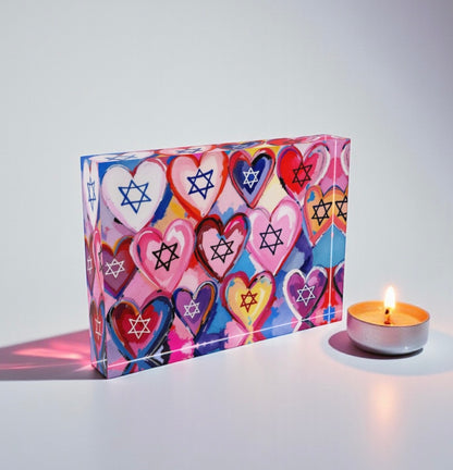 Star Of David Hearts Judaica Art Crystal Block