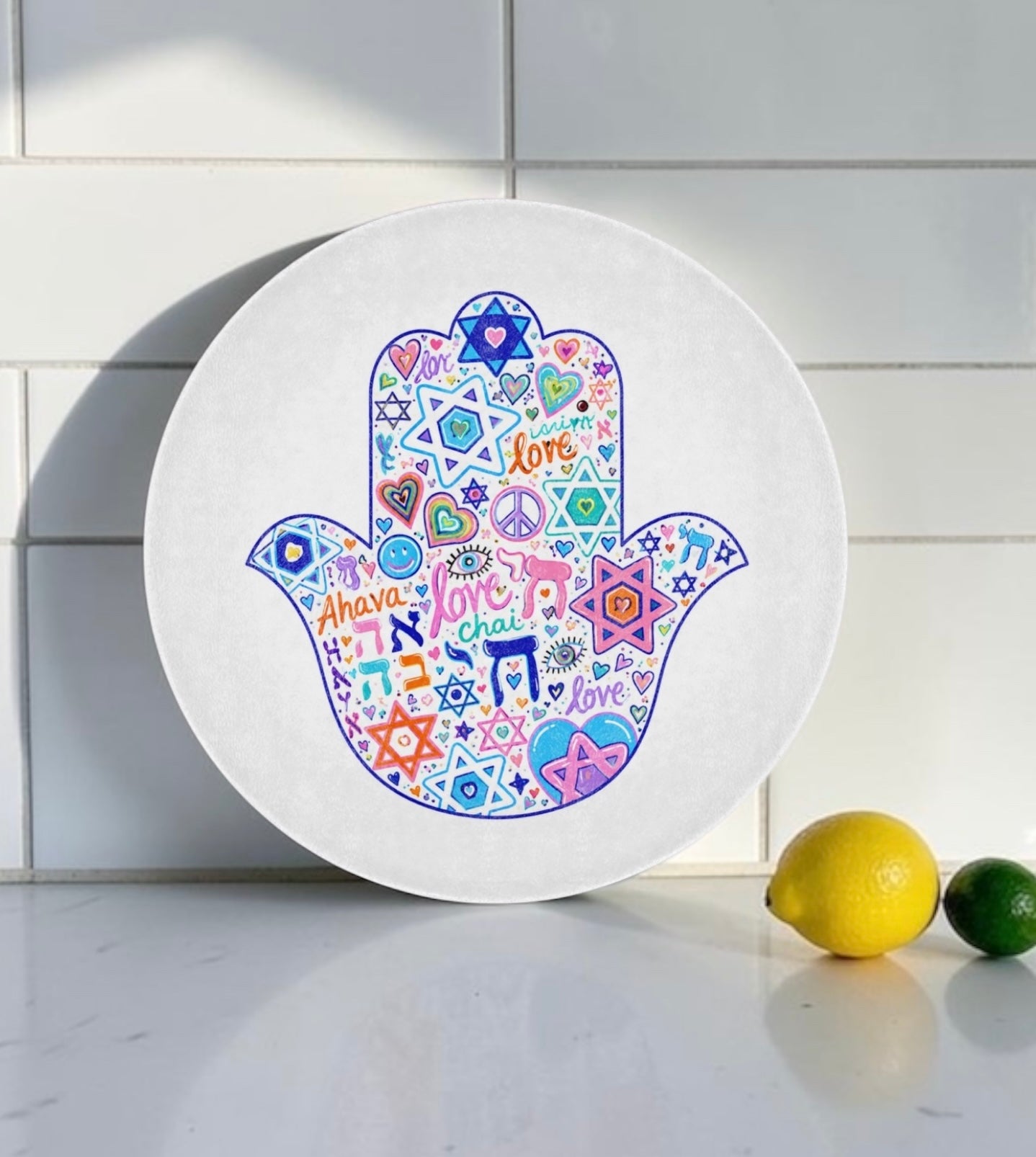 Hamsa Judaica Symbols Art Glass Cutting Board Serving Platter