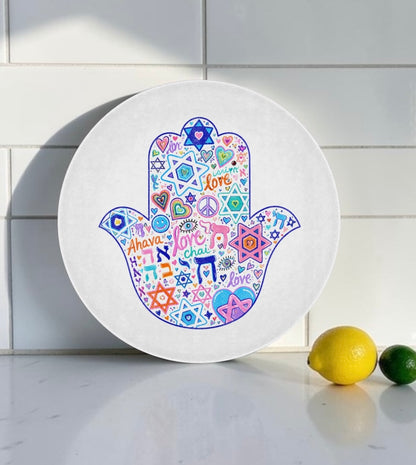 Hamsa Judaica Symbols Art Glass Cutting Board Serving Platter