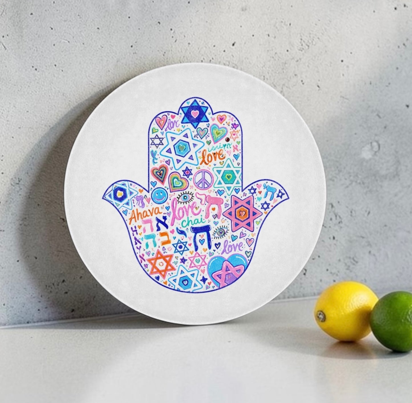 Hamsa Judaica Symbols Art Glass Cutting Board Serving Platter