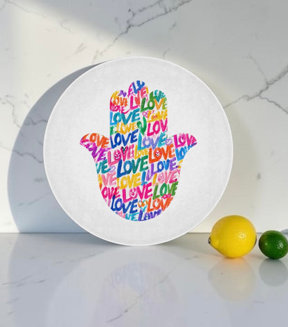 Hamsa Love Art Glass Cutting Board Serving Platter