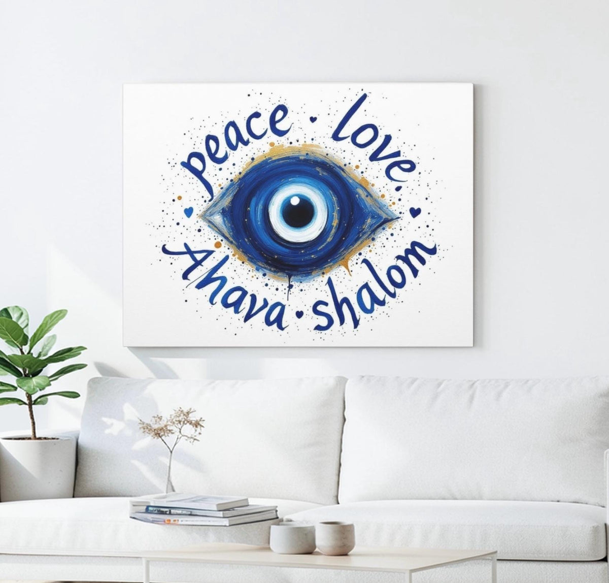 Peace Love Ahava Shalom Evil Eye Judaica Canvas Wall Art, Modern Judaica Wall Decor, Jewish Gift