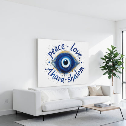 Peace Love Ahava Shalom Evil Eye Judaica Canvas Wall Art, Modern Judaica Wall Decor, Jewish Gift