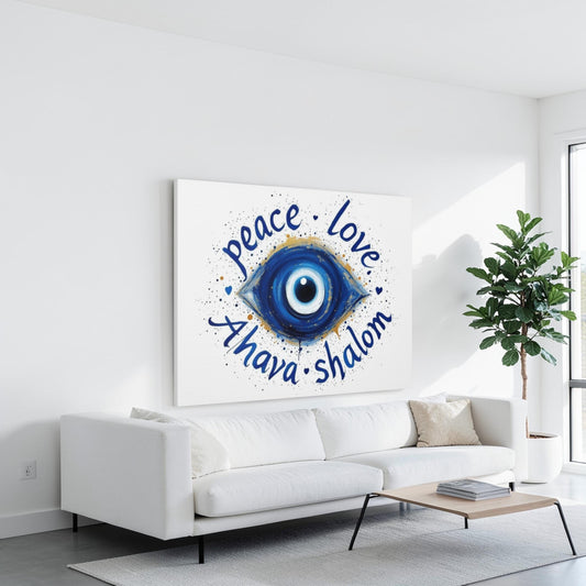 Peace Love Ahava Shalom Evil Eye Judaica Canvas Wall Art, Modern Judaica Wall Decor, Jewish Gift
