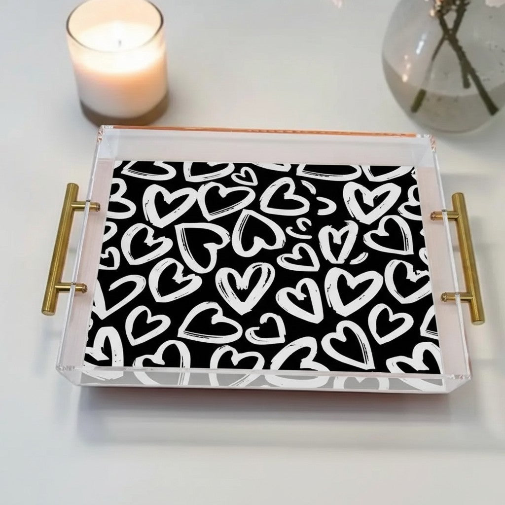 Black And White Abstract Hearts Graffiti Art Acrylic Tray
